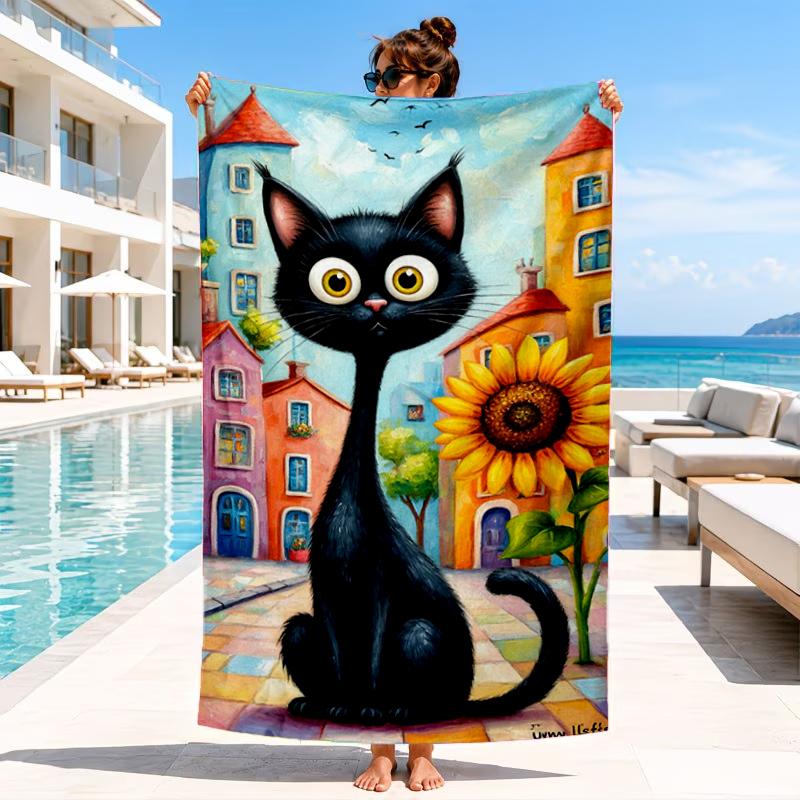 Black Cat In Sunflower Town Beach Towel, Microfiber Beach Towel, Perfect For Pool, Beach, Travel, Home Decor Beach Party Fan Gifts