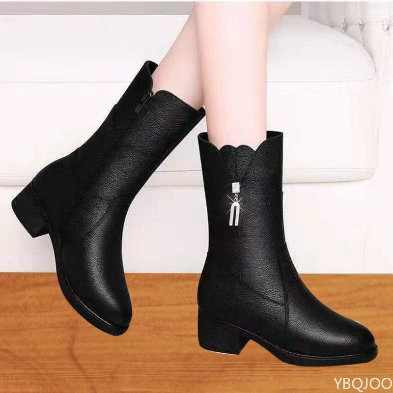 Elegante minimalistische Stiefel mit mittlerem Absatz, dicken Absätzen, modisch vielseitig für Herbst und Winter, Schneestiefel für Damen, bequeme warme Schuhe