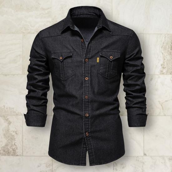 Men Denim Shirt Solid Color Multi Pockets Spring Summer Single Breasted Turn-down Collar Shirt for Office