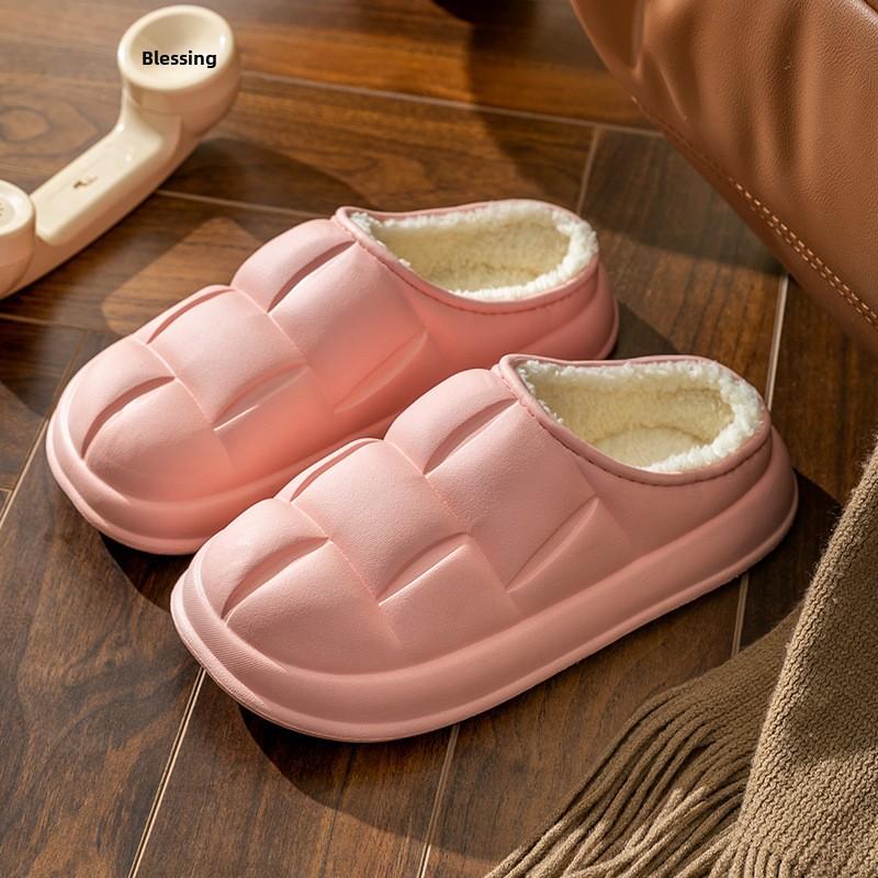  Thick Sole Waterproof Cotton Slippers for Home Winter, EVA Material, Floral Design, Couples, Indoor Comfort