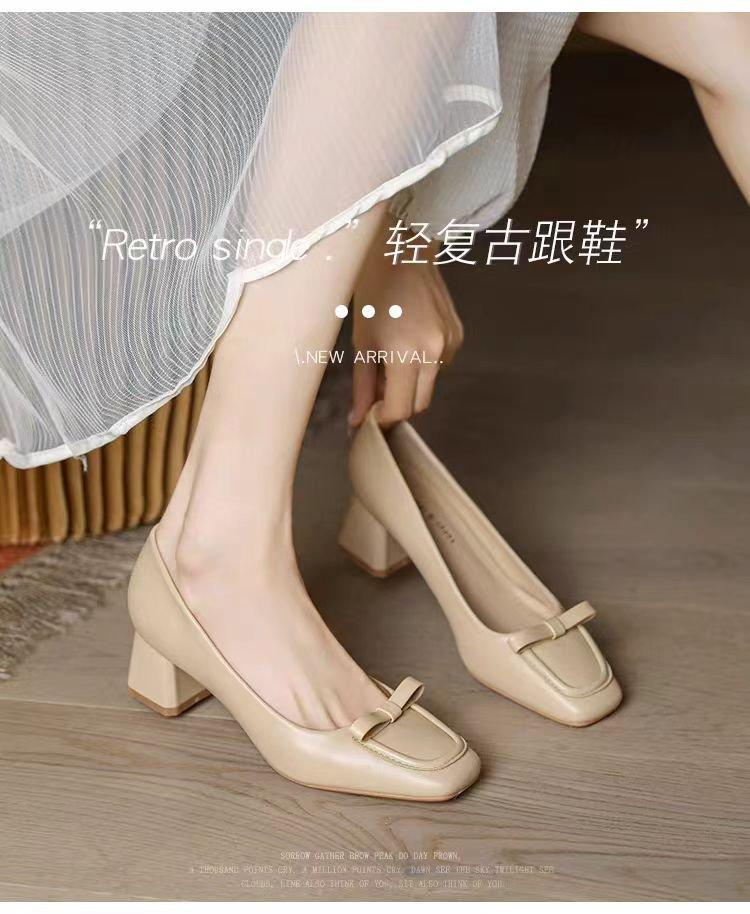 Square head single shoes women's thick heel retro autumn 2025 new versatile light mouth bow to work medium heel high heels