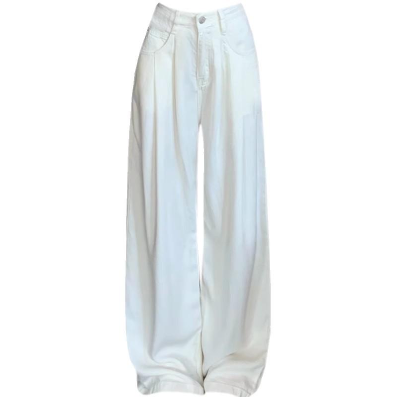 Women's Autumn White High Waisted Wide Leg Jeans with Design Sense Pleated Loose Slimming Drapey and Casual Floor-Length Trousers