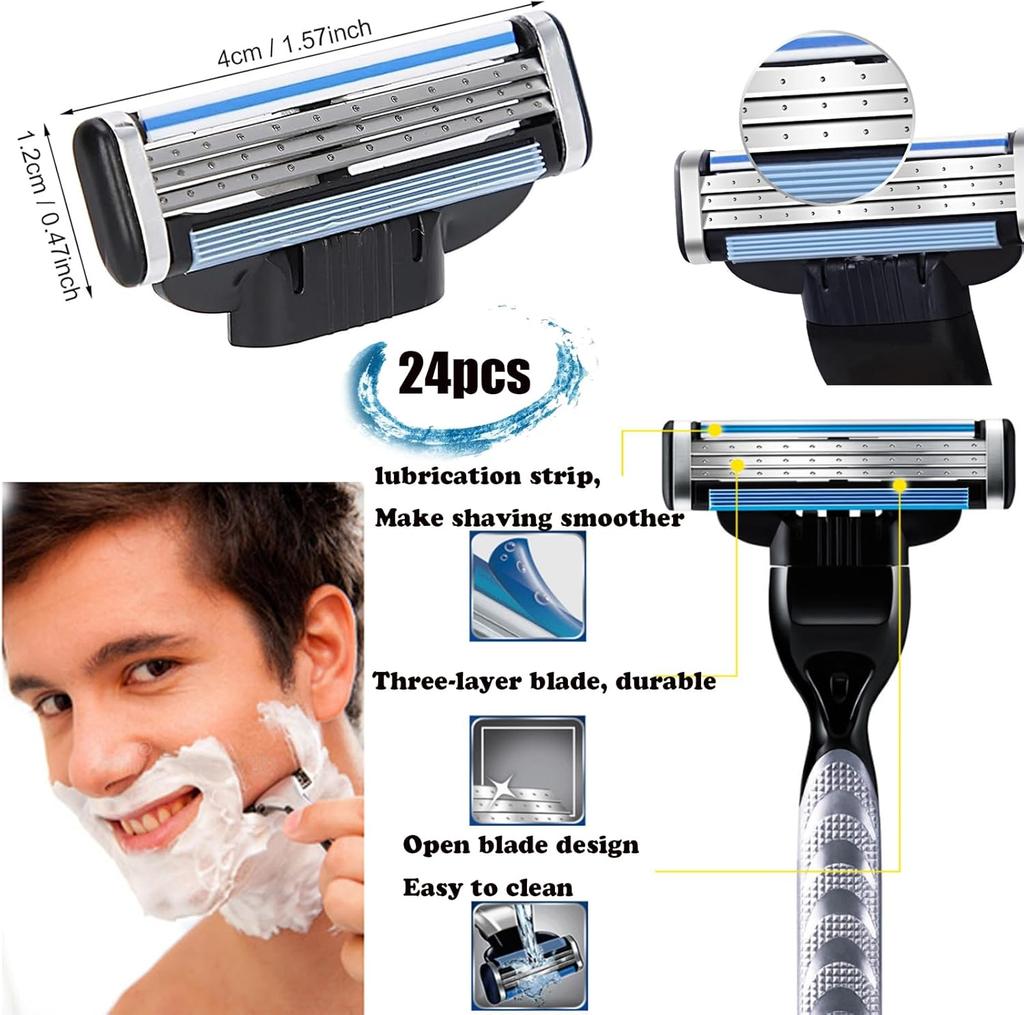 24PCS Men Razor Blades Refills, Men Shaver Turbo Razor Blades Refills Set with Precision Cut Stainless Steel 3 Blades - Compatible, Smooth & Quick