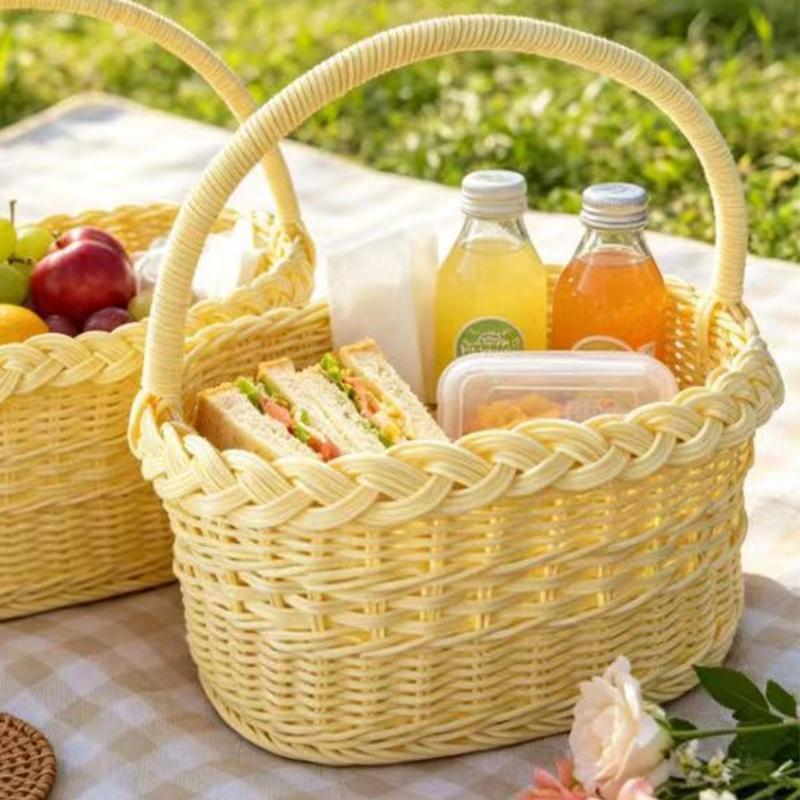 Faux Wicker Basket with Handle, Plastic Fruit Display Basket for Countertop Display, Home Storage, and Carry Use