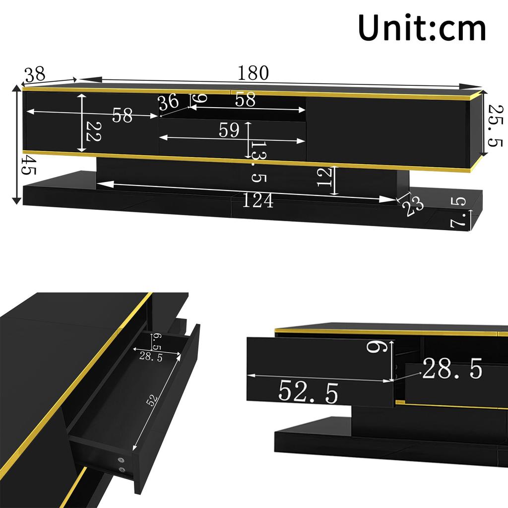 TV Cabinet, with 3 Drawers and Open Compartment, with LED Lighting and Golden Accents, Modern Lowboard with Plenty of Storage Space