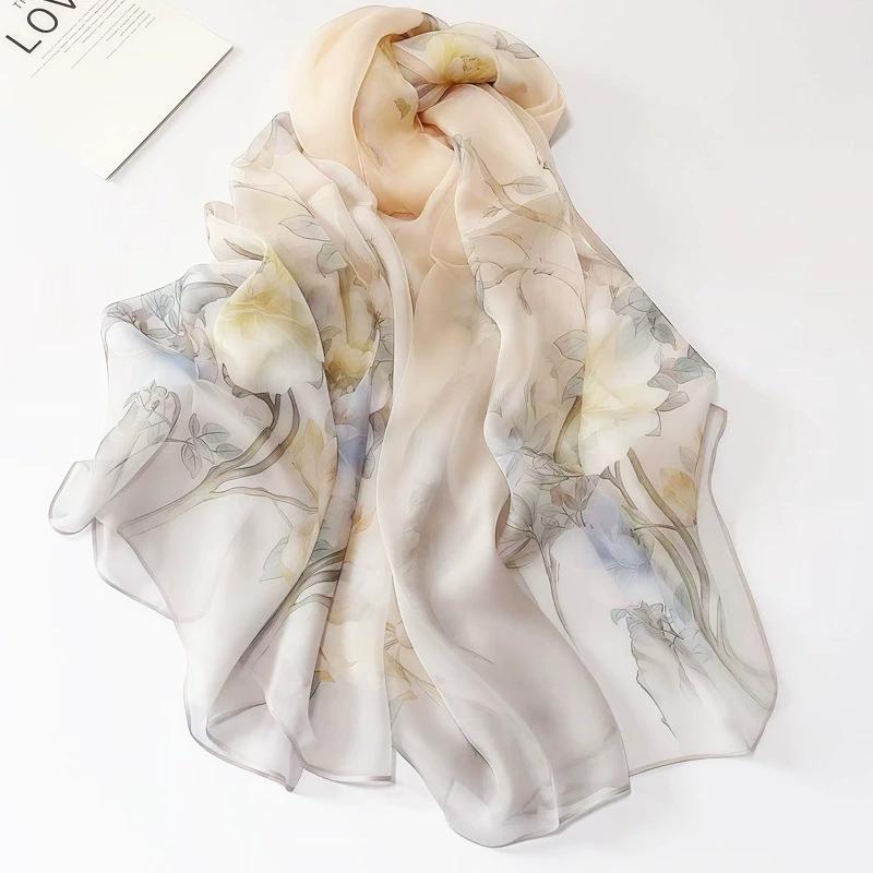Spring Summer Women Large-size Printed Beach Shawls Muslim Hijabs Travel Thin Sunscreen Scarf/Scarves 100% Silk Beach Scarf