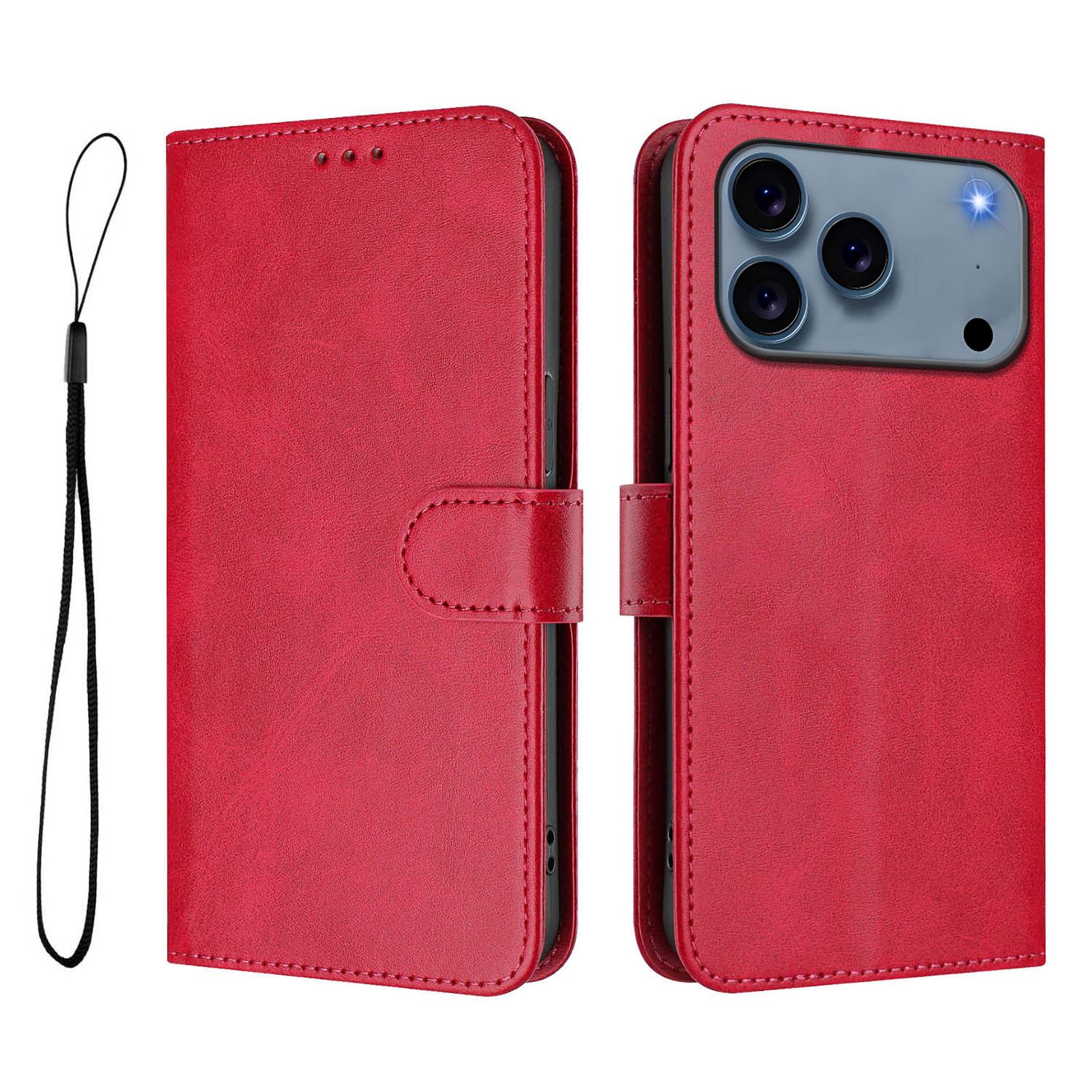 

For iPhone 17 Pro Wallet Case RFID Blocking Calf Texture Leather Stand Phone Cover with Strap Rose