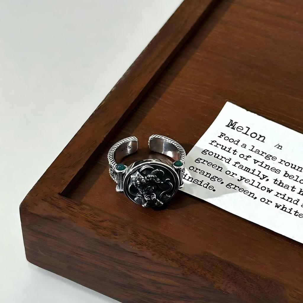 S925 Sterling Silver Retro Ethnic Women's Ring with Tang Dynasty God of Wealth Design, Adjustable Size.