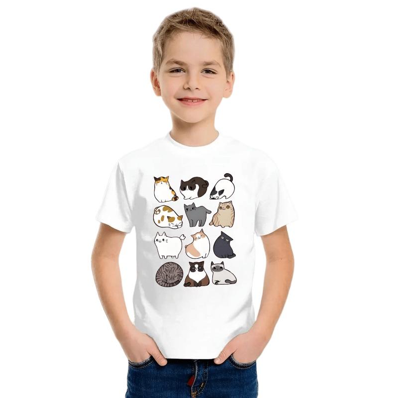 European sizes Summer New Cat Star Cute Cartoon Printed Boys  Short sleeved T-shirt Top 98cm белый