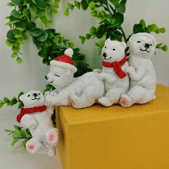 Christmas Polar Bear Family Figurine Santa Hat Red Scarf Four
