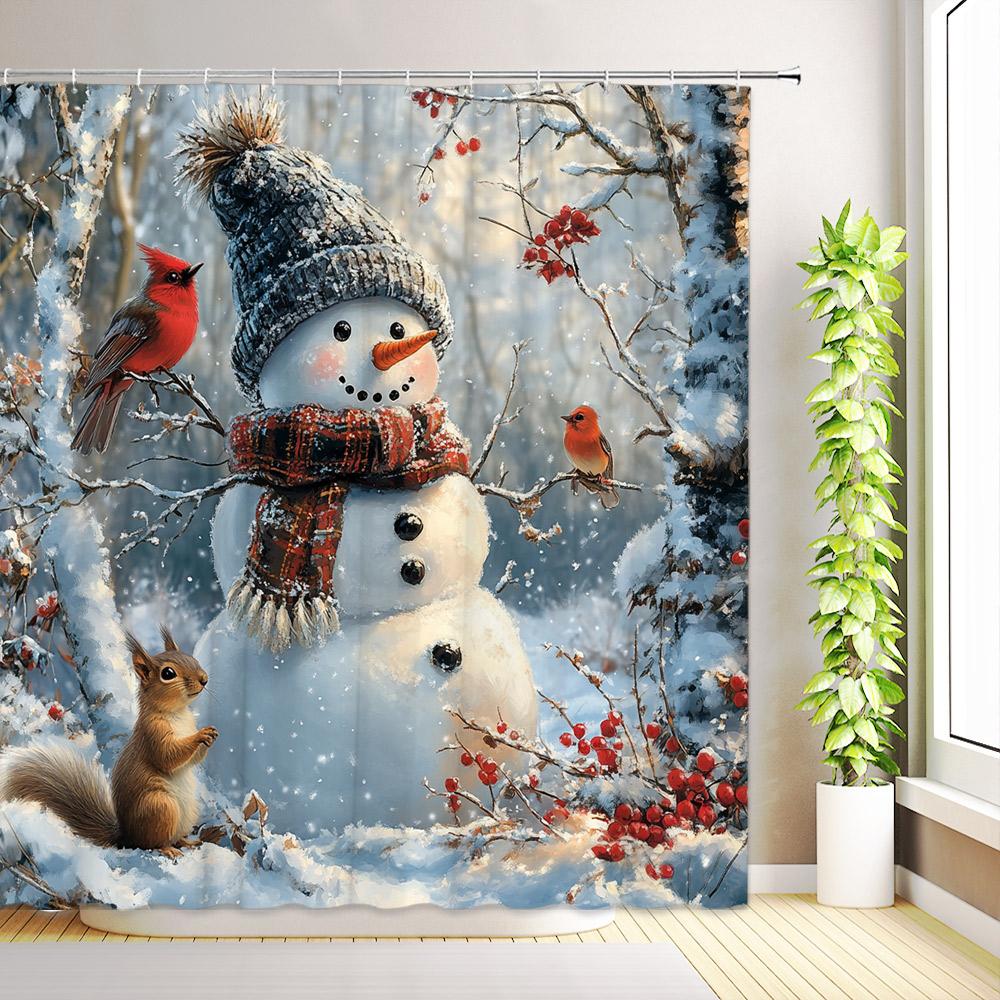 Weihnachts-Schneemann Eichhörnchen Duschvorhang Roter Vogel Winter-Schneeflockenwald Schnee-Landschaft Zeder Rentier Weihnachten Haus Badezimmer Dekoration