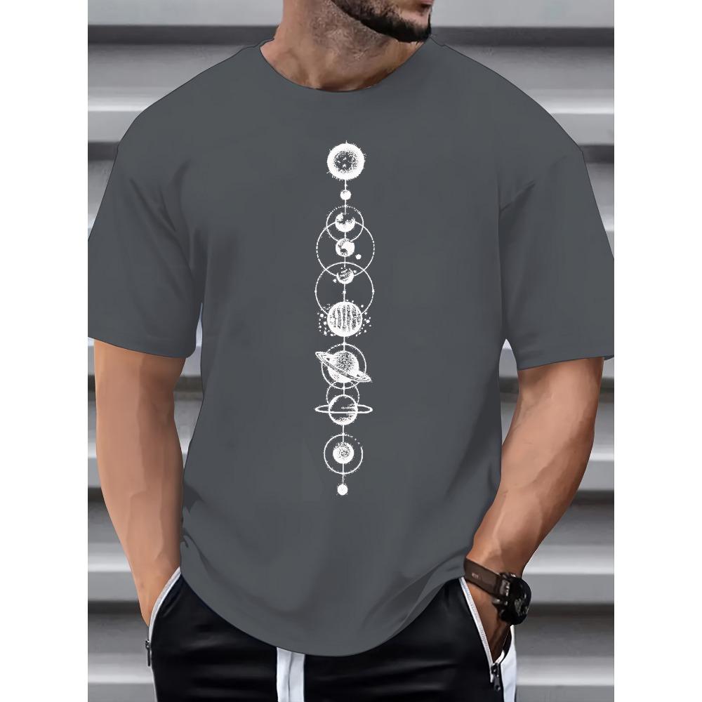 Men's summer 100 cotton fashionable casual sports loose space planet pattern printed round neck short sleeved T-shirt top