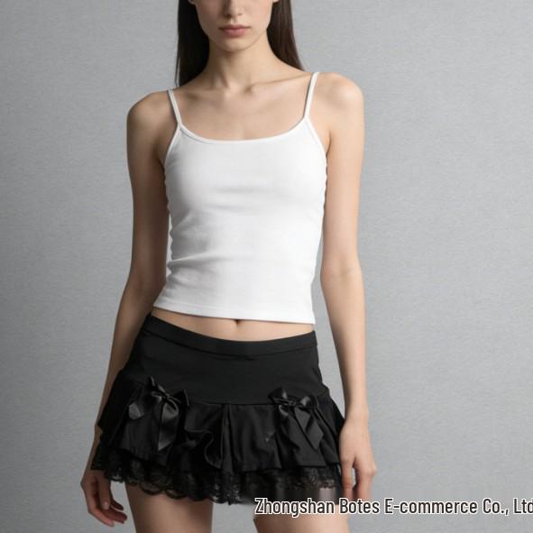 Korean Style Lace Trim Pleated Bow Ruffle Slimming Short Skirt