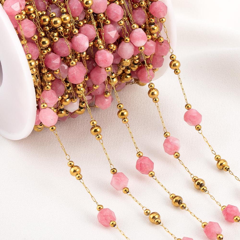 1meter Irregular Romantic Pink Stone Beaded Chain Stainless Steel Necklaces Chains Boho Anklet Bracelets for DIY Jewelry Making