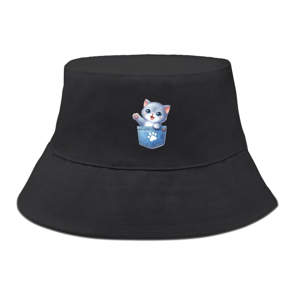 Bucket Hat With Cute Cat Print , Dog Claw Pocket Fisherman Cap Solid Color Wide Brim Unisex Basin Hat