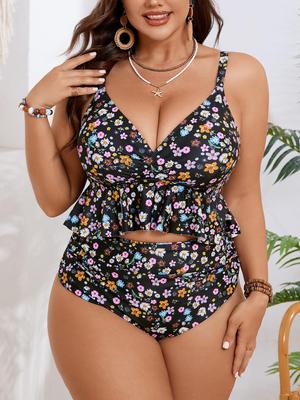 Dames Plus Size Bloemen Ruffle Backless Eendelig Zwempak Set