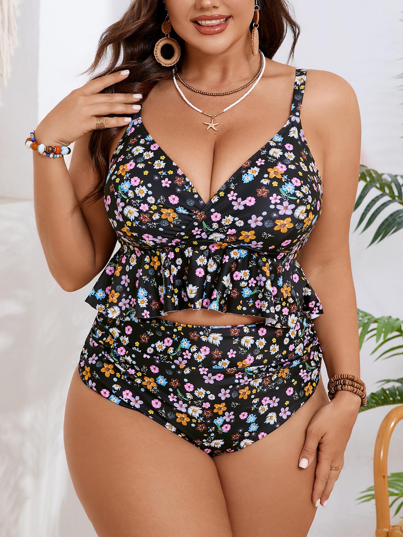 

Women s Plus Size Floral Ruffle Backless One-Piece Swimsuit Set 6XL квітковий/чорний