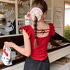 Niche Square Collar Lace Small Flying Sleeve T-shirt Female Spice Girl Pure Desire Design Front and Back Two Wear Thin Short Top