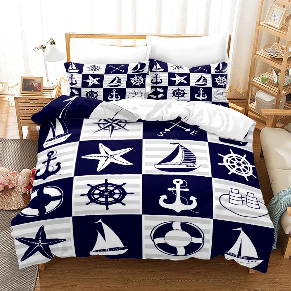 Anchor Duvet Cover Set,Nautical Pattern Classic Colors And Anchors Simplistic Design Sailor Ship Print Bedding Set Queen Size