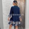 European and American Temperament Elegant Printing Women's Seven-quarter-sleeved V-neck Ruffle Hem Dress Women