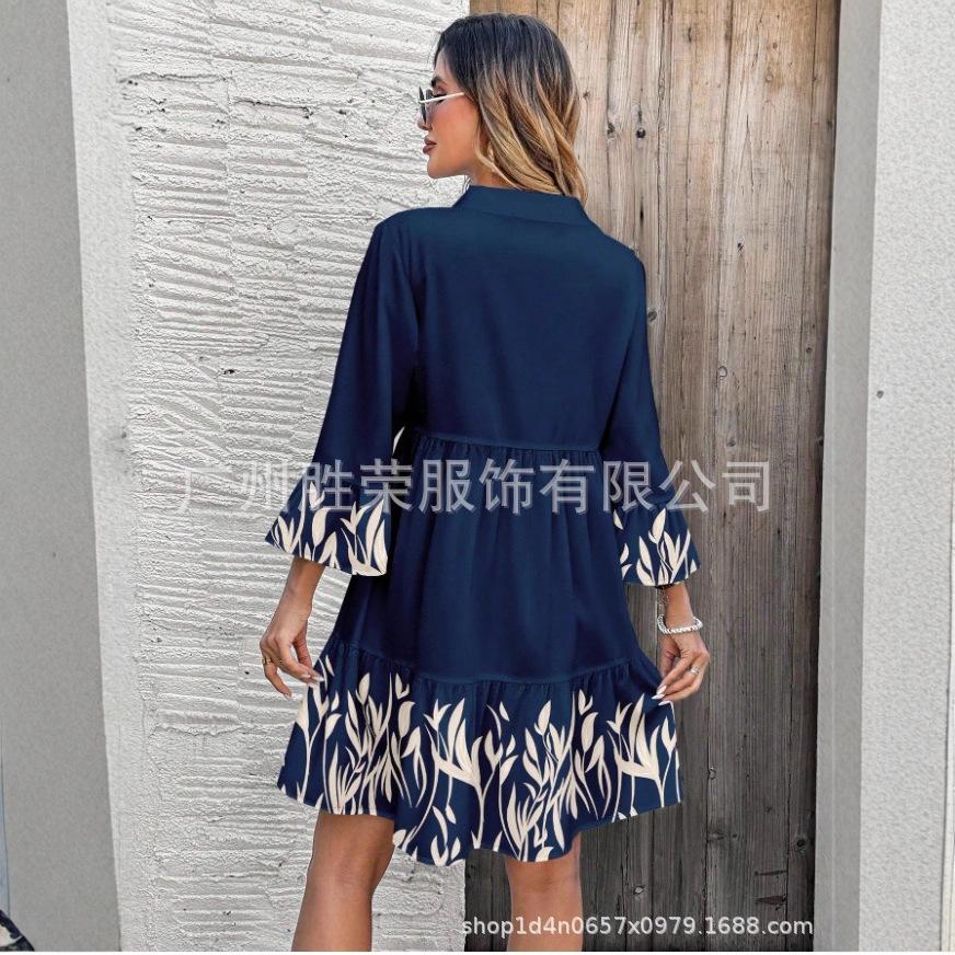 European and American Temperament Elegant Printing Women's Seven-quarter-sleeved V-neck Ruffle Hem Dress Women