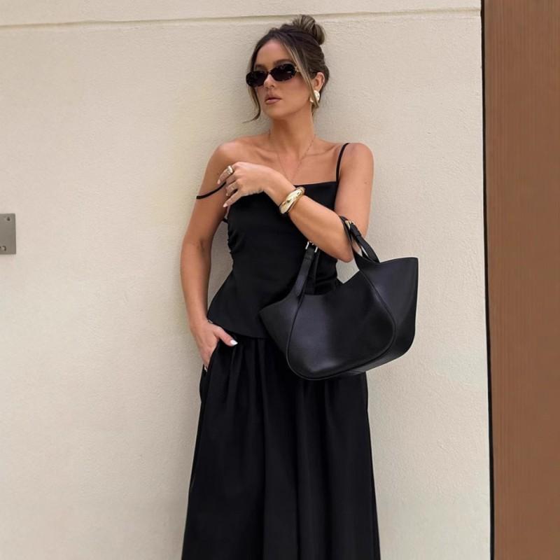 Womens French Style Black Cami Dress Set Cotton High Waist Long Skirt 2 Piece Outfit
