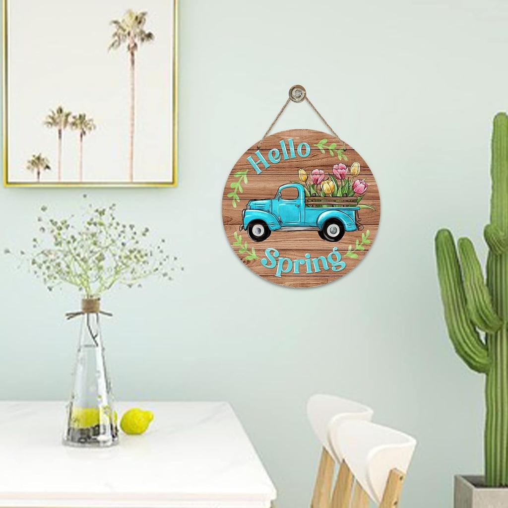 Deroro Hello Spring Blue Truck Sign for Front Door Decor, Tulip Flowers Pickup Wood Door Hanger for Outdoor Outside Porch, Rustic Farmhouse Wooden