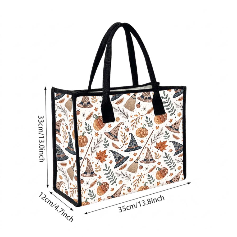 Autumn Witch Pattern Tote Bag Casual Portable Handbag for Halloween Daily Use