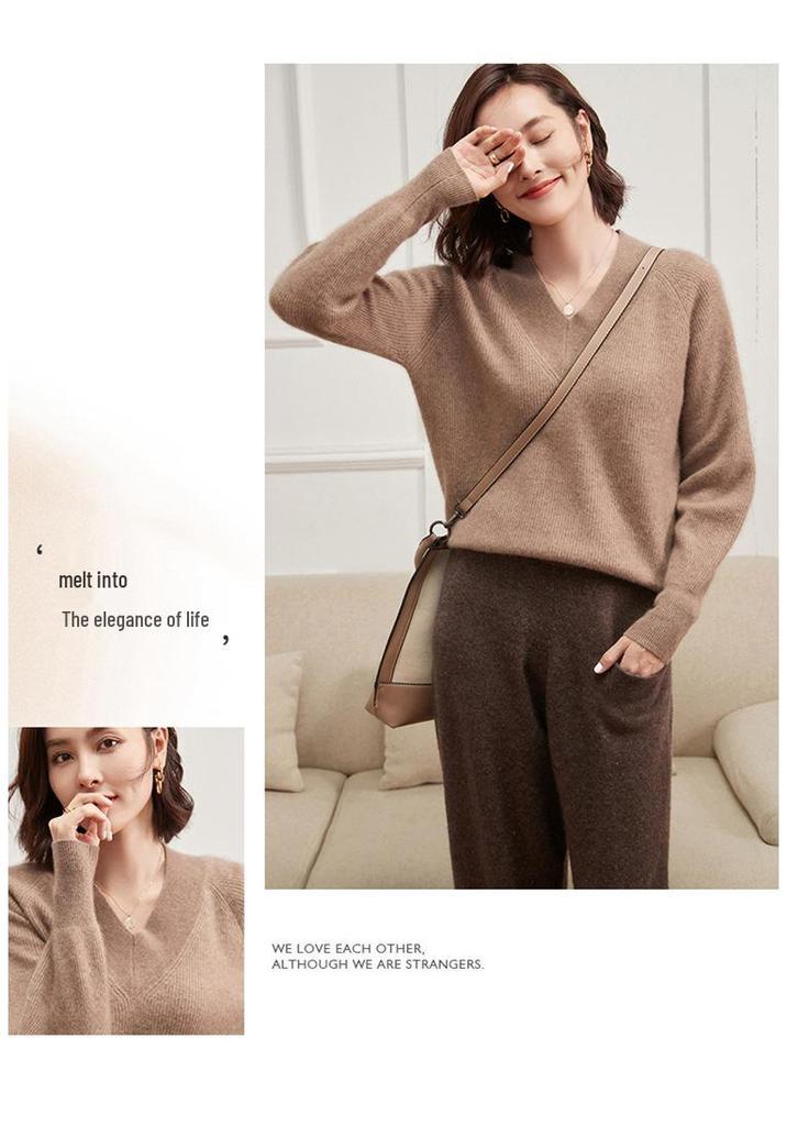 Ribbed V-Neck Cashmere Sweater - 2026 Autumn/Winter Women's Loose Plus Size Pullover