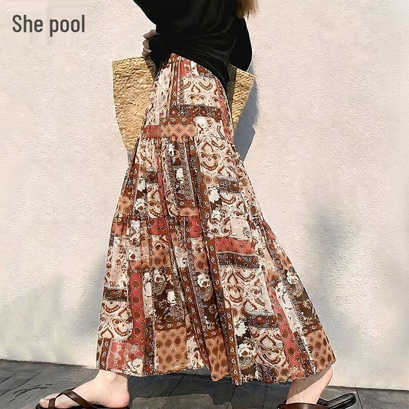 Women s Retro Ethnic Floral Print A-line Maxi Skirt ONE SIZE