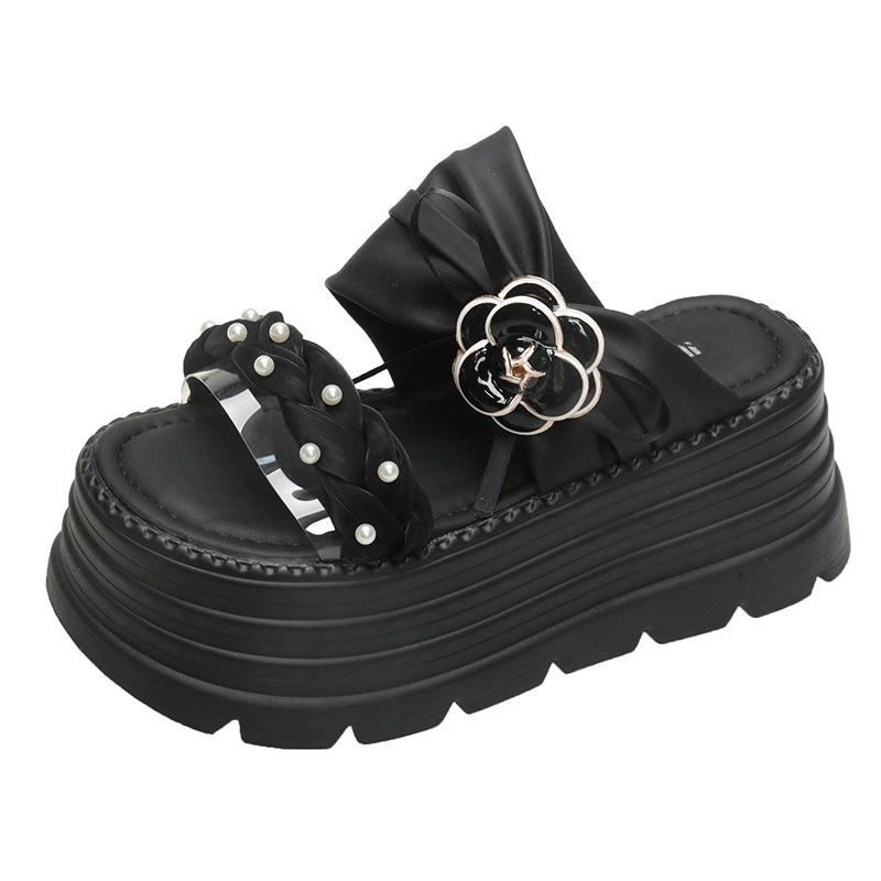 Fashion New 2025 Pearl Strap Chunky Sandals Women Summer High Platform Wedges Slippers Woman Fashion 8CM Heels Thick Bottom Beach Slides