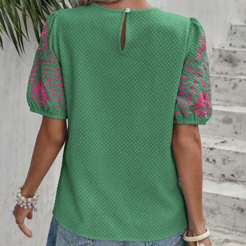 Ladies Summer Embroidery Short Sleeve O Neck Casual Pullover Blouse Shirt Top