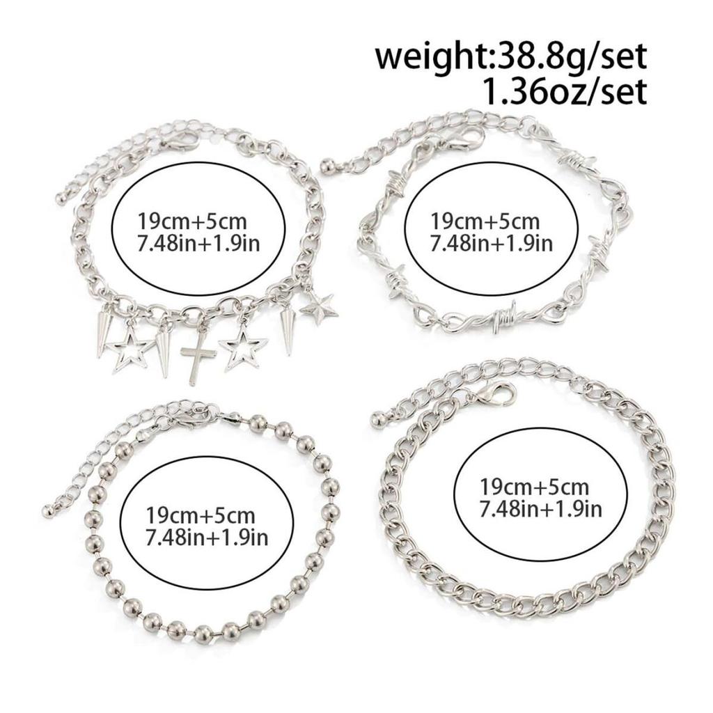 4Pcs/Set Punk Cross Rivet Star Pendant Bracelet for Men Women Hiphop Multi-Layer Cuban Chain Bracelet Set Jewelry Gifts