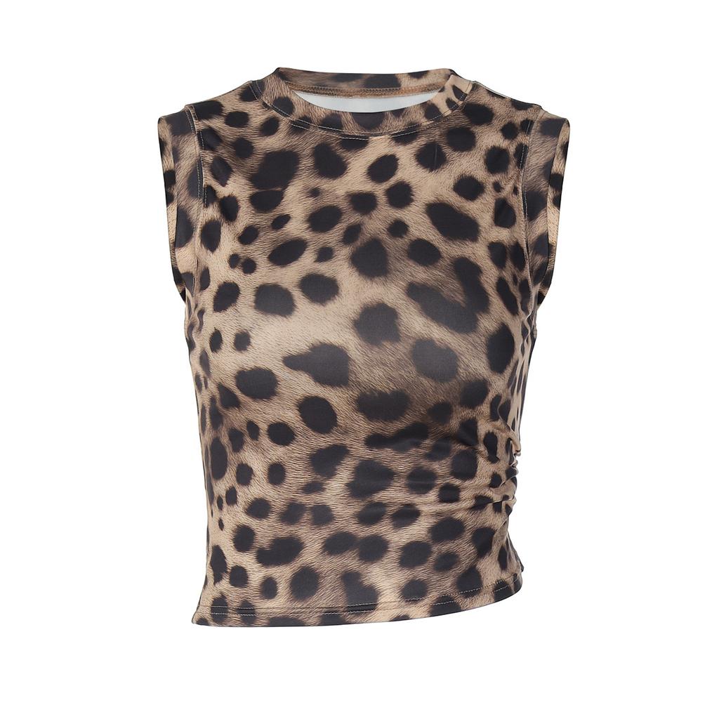 European and American women's clothing leopard print round neck sleeveless fashion trend slim-fit small vest top