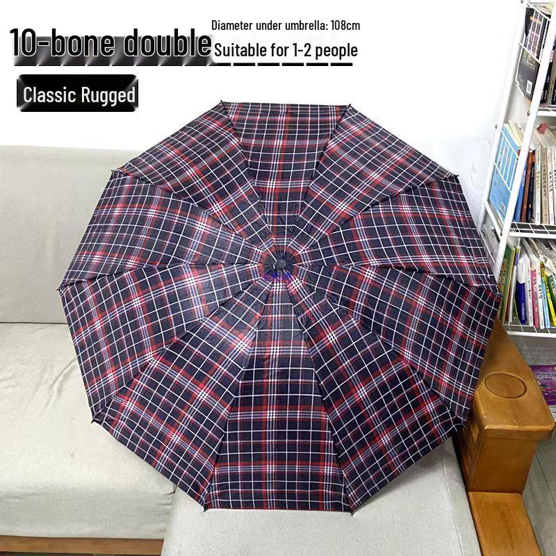 Extra Large Ten-Bone Water-Repellent Plaid Umbrella - British Style for Men & Women, Double/Triple Use