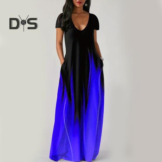 Women Maxi Dress with Pockets V Neck Short Sleeves Gradient Contrast Colors A-line Full Length Dress for Daily Party Dating