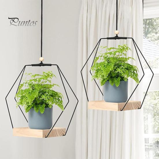 Hanging Plants Holder with Wooden Base Farmhouse Rustic Indoor Hanging Flower Pot Planter Shelf Basket Plants Hanger Decoration
