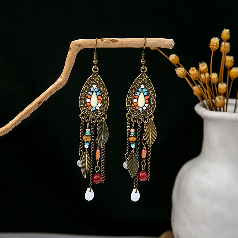 Turquoise Earrings, Vintage Owl Geometric Dream Catcher Feather Fringed Earrings Female
