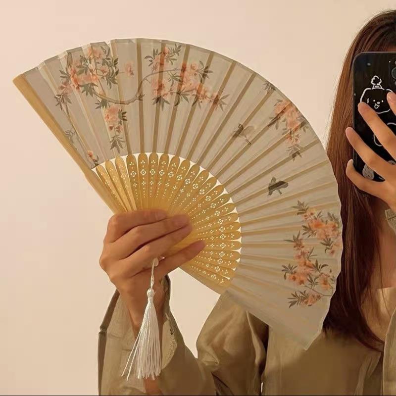Portable Hand Fold Fan  Chinese Style Dance Props Retro Shell Fan Woman Men Bamboo Wood Silk Flower Folding Fan