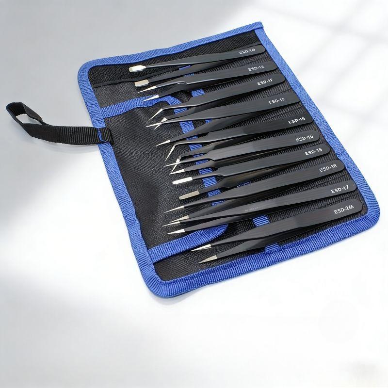 10pcs Stainless Steel Tweezers Set - Industrial-Grade, Ultra-Precise Handmade Tools for Electronics, Model Making & Home Repair