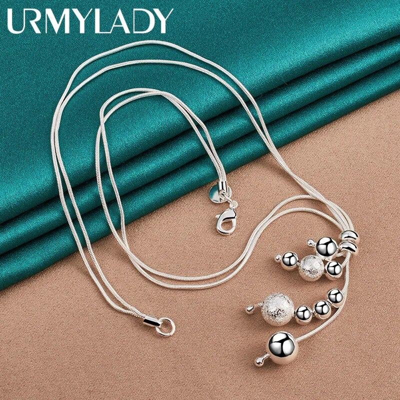 URMYLADY 925 Sterling Silver Double Snake Chain Matte Smooth Beads Necklace For Women Wedding Party Fashion Jewelry