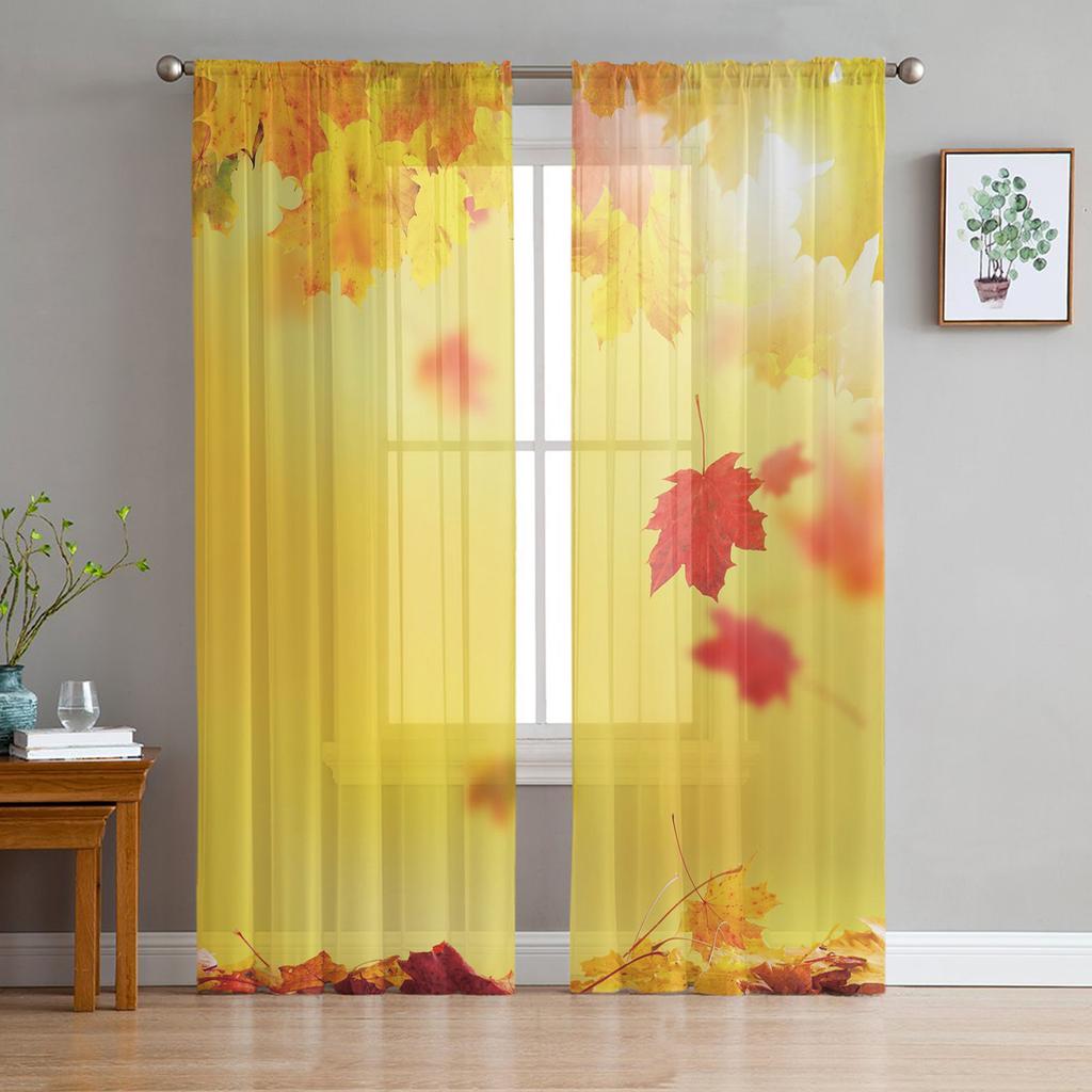 Youth Bedroom Sheer Curtains Maple Leaf Falling Yellow Kitchen Study Hanging Curtains Living Room Holiday Decor Tulle Curtains