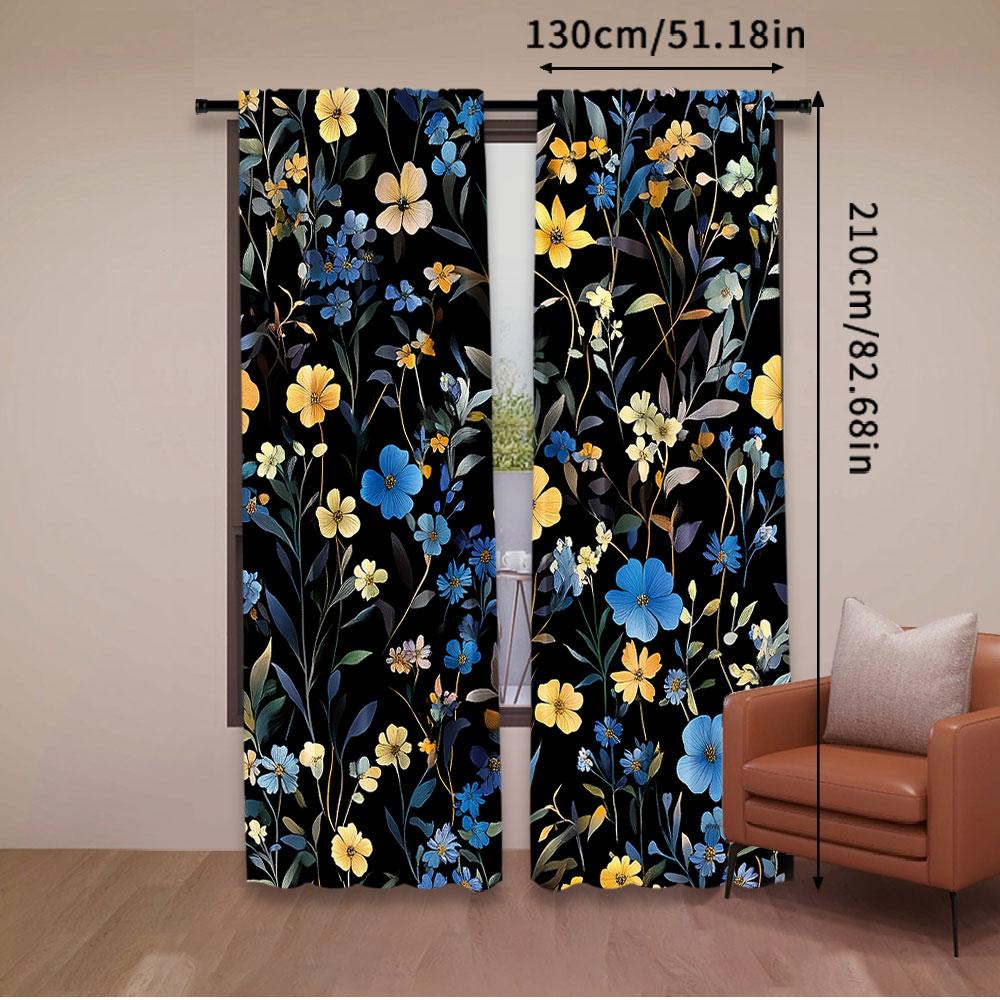 2Pcs Boho Curtain Cute Floral Black Curtain Rustic Country Flower Elegant Suitable For Bedroom Living Room Dining Room And