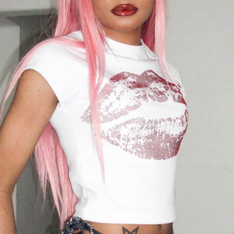 Top Y2K europeo y americano con letras estampadas, pedrería en los labios, cuello redondo, ajustado y adelgazante para mujer