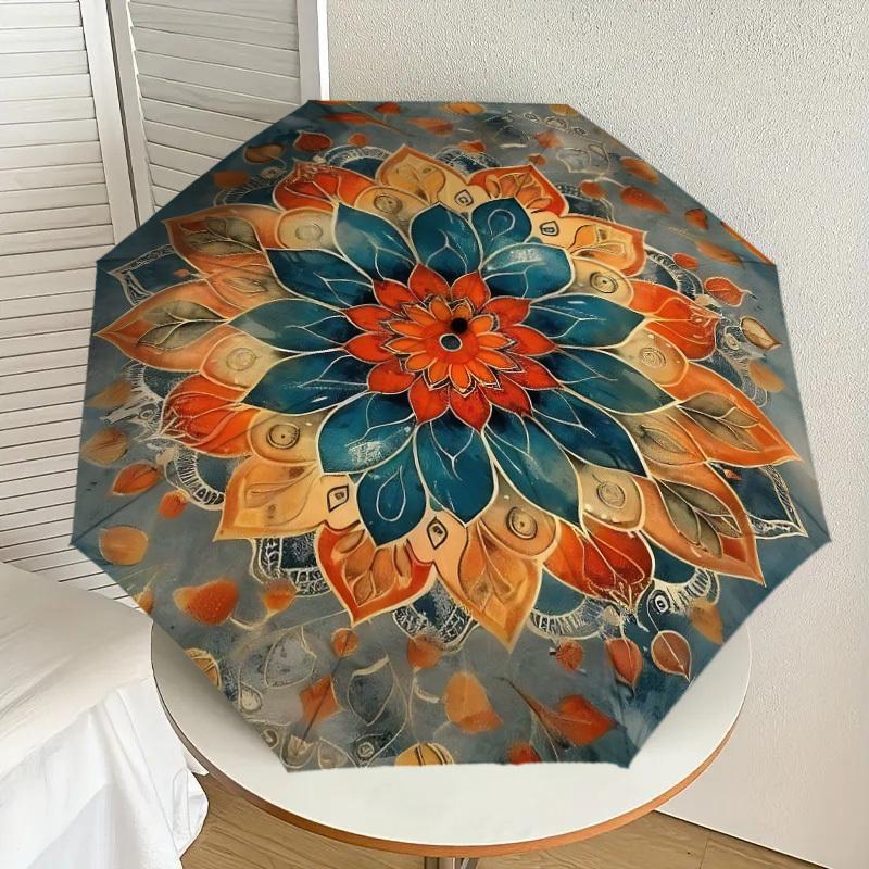 1pc Mandala Leaves Automatic Open/Close Umbrella Compact Folding Umbrella with 8-Rib Shaft for Women/Men, Elegant Birthday1326S
