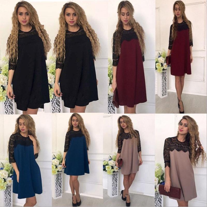 Elegant Women Pure Color Hollow Out Lace Splicing Dress For Stylish Occasions