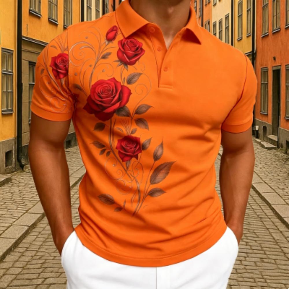 Elegantes Rotes Rosen-Blumenmuster Poloshirt Herren Outdoor Street Kurzarm T-Shirts Oberteil Sommer Zuhause Lässiges T-Shirt Herren und Damen Poloshirt