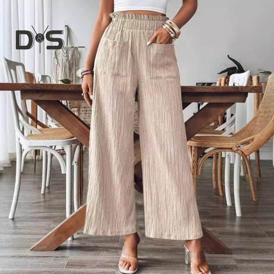 Women Summer Pants Elastic High Waist Casual Trousers with Pockets Solid Color Wrinkles Loose Fit Pants