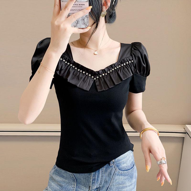 Fashion Summer Ladies Cotton T-shirt Elegant Short Sleeve Women Brand Top Shirts Chic Sexy Square Neck Ruffles Hot Diamonds Tees