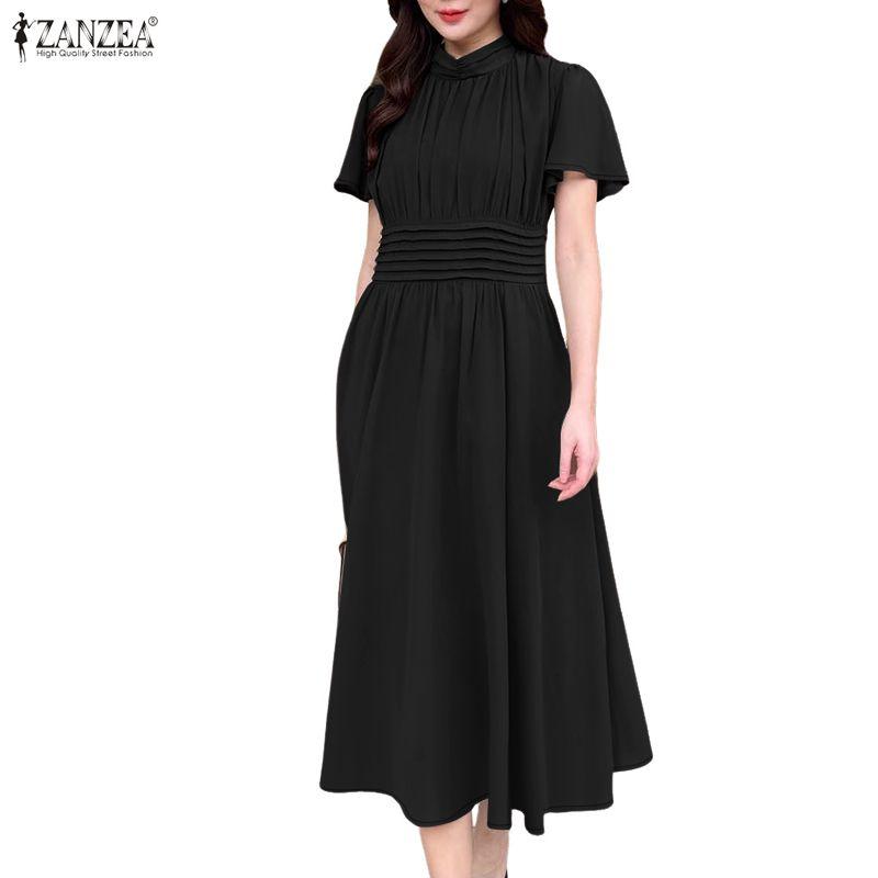ZANZEA Women Casual Stand Collar Solid Color Summer Short Sleeve Dress